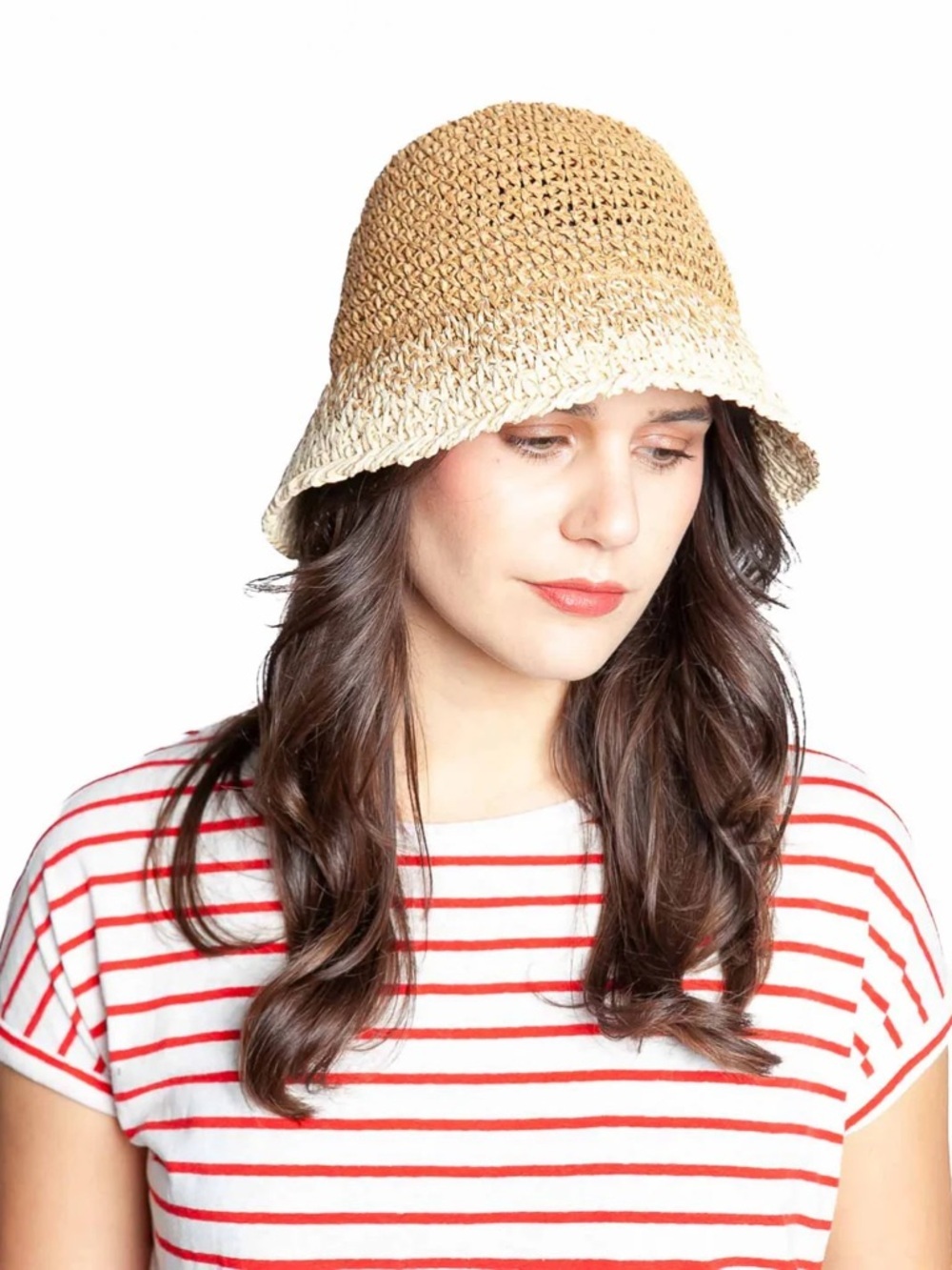 ICHI Two-Tone Crochet Straw Accent Basket Hat — Brown & Cream - Picture 5 of 6